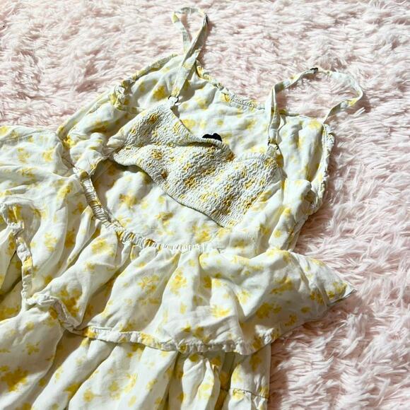 Yellow Floral Babydoll Tiered Ruffle Cottage Core Coquette Airy Summer Dress - Picture 5 of 6